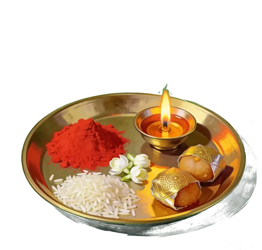A brass thali holding a diya, kumkum, rings and sweets